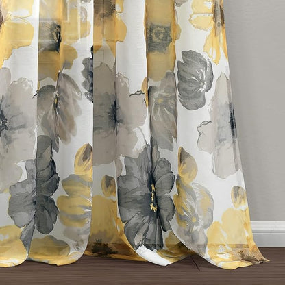 Lush Decor Leah Floral Sheer Window Curtain Panels Pair 52"W x 84"L Yellow & Gray - Floral Curtains for Bedroom - Sheer Curtains for Living Room