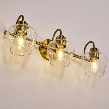 ANDY STAR Brushed Gold Vanity Light, 3 Light Bathroom Light Fixtures with Clear Diamond-Shape Hammered Glass, Brass Vintage Ripple Wall Lights for Hallway, Bedroom, Anti-Rust, E26 Base (No Bulbs)