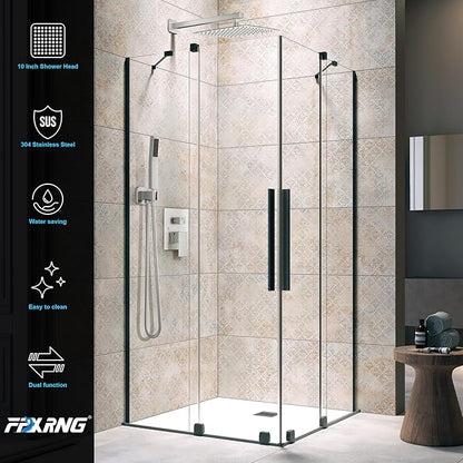 FPXRNG Shower Faucet Set Rainfall Shower System with Square Shower Head and Handle Set Rough-in Valve and Metal Trim Kit Included Brushed Nickel 10 Inch Wall Mounted Shower Fixtures