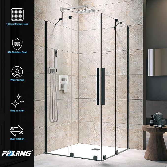 FPXRNG Shower Faucet Set Rainfall Shower System with Square Shower Head and Handle Set Rough-in Valve and Metal Trim Kit Included Brushed Nickel 12 Inch Wall Mounted Shower Fixtures