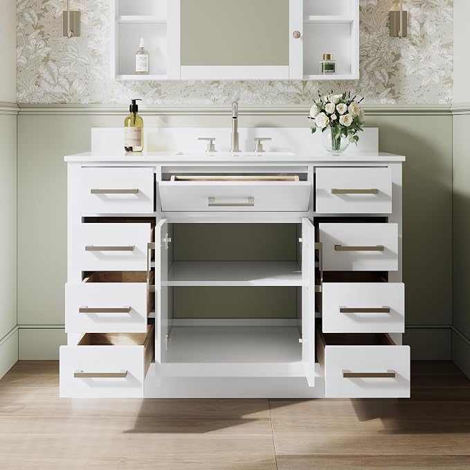 48-Inch Bathroom Vanity with Sink W/ 2 Doors & 8 Drawers & 1 Flip Drawer, White Vanity W/Brushed Nickel Handles