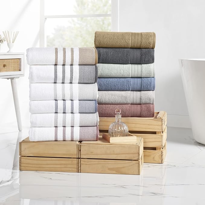 Modern Threads 6-Piece Towel Set – 100% Cotton, Quick Dry, Ultra Absorbent – Includes 2 Bath, 2 Hand, 2 Washcloths (White/Reinhart Rose)