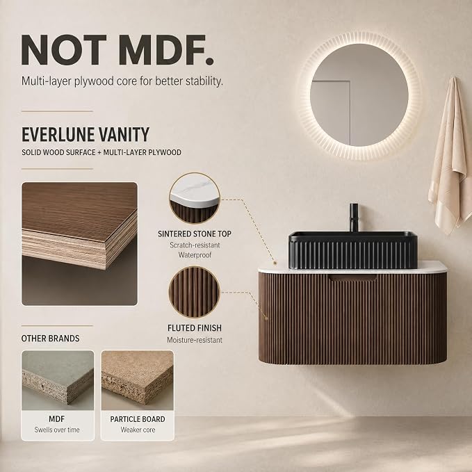 30 Inch Bathroom Vanity with Sink, Floating Wall Mounted Single Sink Vanity, Dark Walnut Curved Fluted Front, Stone Top, Black Textured Rectangular Vessel Basin, Pre-Assembled