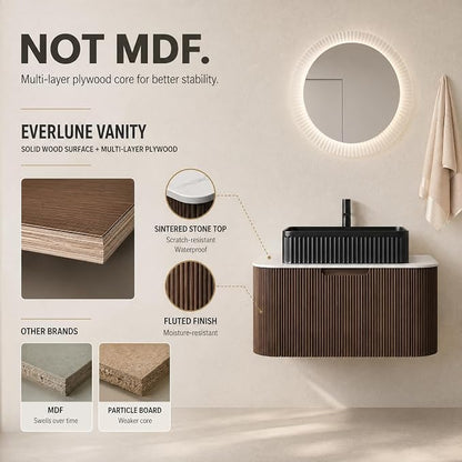 30 Inch Bathroom Vanity with Sink, Floating Wall Mounted Single Sink Vanity, Dark Walnut Curved Fluted Front, Stone Top, Black Textured Rectangular Vessel Basin, Pre-Assembled