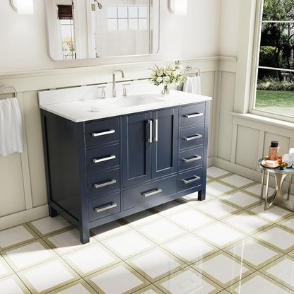 48-Inch Bathroom Vanity with Sink, 2 Soft-Close Doors and 9 Soft-Close Drawers, Bathroom Freestanding Vanity with Cultured Marble Countertop, Navy Blue Vanity with Brushed Nickel Handles