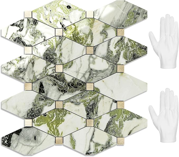 STICKGOO 10 Sheets Peel and Stick Backsplash, Polished Green Marble Look PVC Mixed Metal Gold Kitchen Backsplash, Stick on Backsplash Wall Tiles for Kitchen, Bathroom, RV