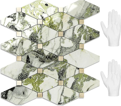 STICKGOO 10 Sheets Peel and Stick Backsplash, Polished Green Marble Look PVC Mixed Metal Gold Kitchen Backsplash, Stick on Backsplash Wall Tiles for Kitchen, Bathroom, RV