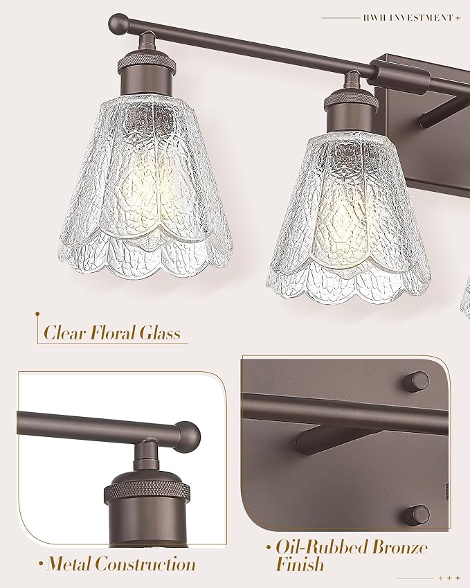HWH Rustic Bathroom Light Fixture, Clear Floral Glass, 5HJX110B-5W ORB | Oil-Rubbed Bronze Finish, 34 Inch Bathroom Vanity Light Over Mirror, Vanity Lights for Bedroom, Sized At 34 In Fixture Size