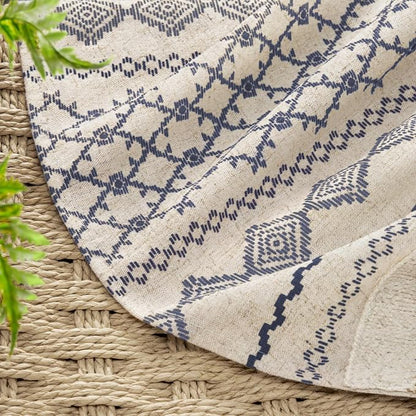 Navy Blue Boho Linen Shower Curtain,72" W x 84" L | Linen Striped Print and Twine-Inspired Woven Center for Bathroom
