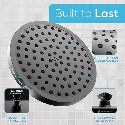 SparkPod Rain Shower Head, 8 Inch Round, Midnight Black Matte Finish | High Pressure Shower Heads, 90 Nozzles, Adjustable Showerhead, No Tools Needed, Universal Connection