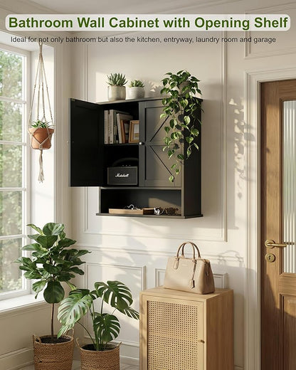 23.6" W x 27.6" H Large Black Bathroom Wall Cabinet with Adjustable Shelf, Farmhouse Medicine Cabinet with 2 Barn Doors, Wooden Over The Toilet Storage Cabinet for Kitchen, Laundry, Entryway