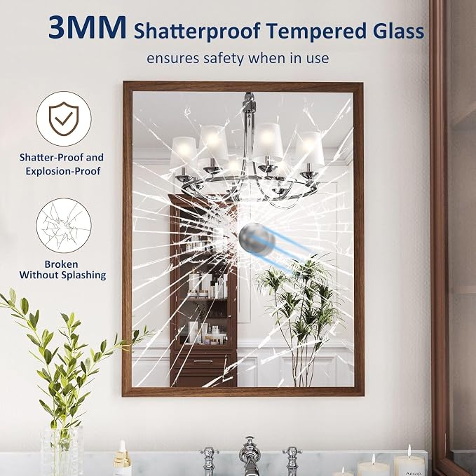 WEER Walnut Bathroom Mirror 22X30 Inch Rectangle | Walnut Wood Grain Framed, Tempered Glass, Anti-Rust, Wall Mounted, Hangs Vertically or Horizontally