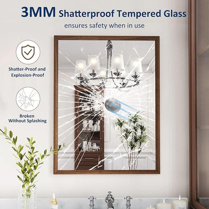 WEER Walnut Bathroom Mirror 22X30 Inch Rectangle | Walnut Wood Grain Framed, Tempered Glass, Anti-Rust, Wall Mounted, Hangs Vertically or Horizontally