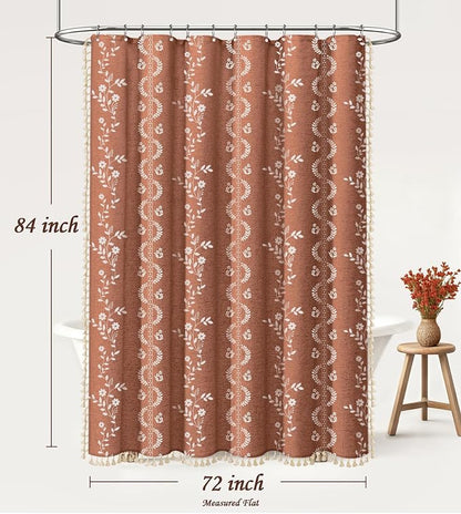Boho Terracotta Vintage Shower Curtain with Tassels | 72 x 84 Inch,Bohemian Floral Linen Fabric Pattern Curtain Curtain For Bathroom