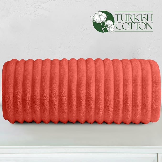 Elegant Comfort 100% Turkish Cotton Corduroy Ribbed Luxury Jumbo Bath Towel Ultra Soft - 35 x 70 Inch - Luxury Spa Premium Hotel Quality Highly Absorbent and Quick Dry Large Bath Towel, Coral