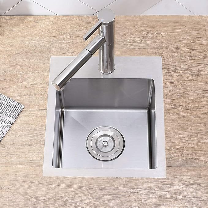 VCCUCINE Drop in Bar Sink, 15x15 Inch Topmount RV Small Kitchen Sink, Handmade Stainless Steel Wet Bar Sink, Outdoor Single Bowl, Brushed Nickel Prep Sink with Accessories