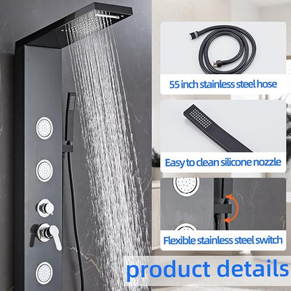 Shower Panel Tower System 5 in 1 Stainless Steel Shower Column | with Rainfall Waterfall Shower Head, Wall-Mount Rain Massage System with 3 Body Jet, Handheld, Tub Spout (Black)