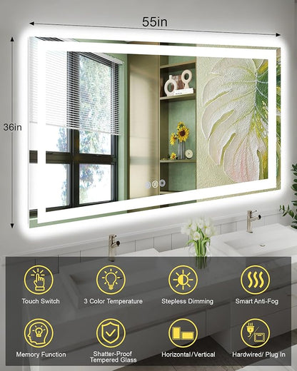 55x36 LED Bathroom Mirror, 6000LM, Separate Front and Back Lights | UL Certified,Shatter-Resistant Tempered Glass,Auto-Off Defogger,3 Color Modes,Smooth Dimming,Smart Memory Setting