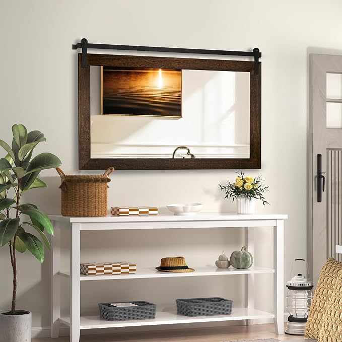 COGOOD Farmhouse Bathroom Mirrors for Over Sink - 30 x 41 Black Brown | Rustic Barn Door Wood Framed Vanity Mirror for Entryway, Living Room, Bedroom, Dresser Wall Decor