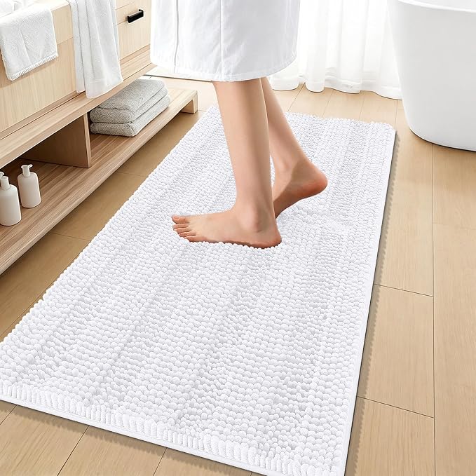 OLANLY Thick Bathroom Runner Rugs 47x20, Soft Chenille Bath Rugs, White | Absorbent Striped, Rubber Backing, Machine Wash, Long Bath Mats for Bathroom Floor, Tub and Shower, Home Decor Accessories