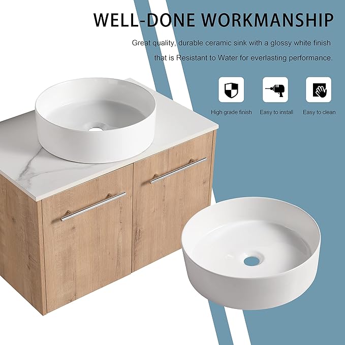 30" Floating Vanity with Sink, 30 Inch Bathroom Vanity with Sink, Modern Plywood Floating Cabinet with Sintered Stone Countertop and White Ceramic Basin, Soft Close Doors