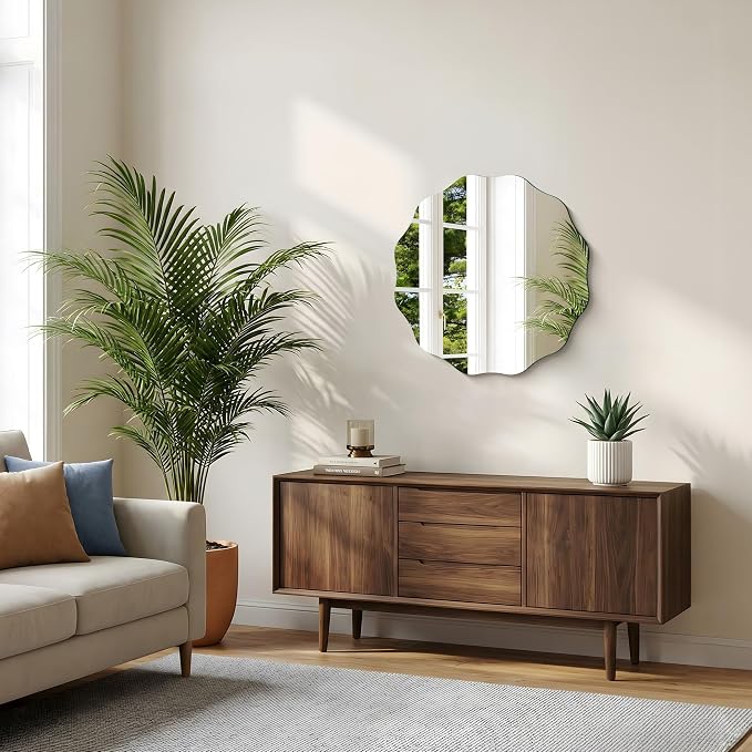 CILIBER Wavy Mirror for Wall, 24'' Scalloped Frameless Round Mirror, 3mm Tempered Glass Decorative Bathroom Vanity Mirror, Mounting/Leaning for Mantel, Living Room, Bedroom and Entryway