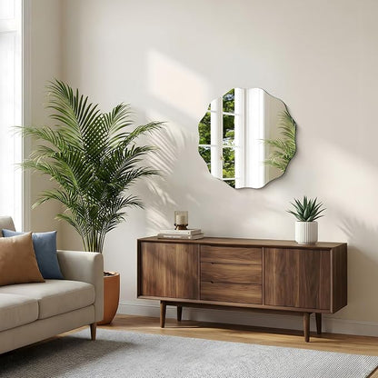 CILIBER Wavy Mirror for Wall, 24'' Scalloped Frameless Round Mirror, 3mm Tempered Glass Decorative Bathroom Vanity Mirror, Mounting/Leaning for Mantel, Living Room, Bedroom and Entryway