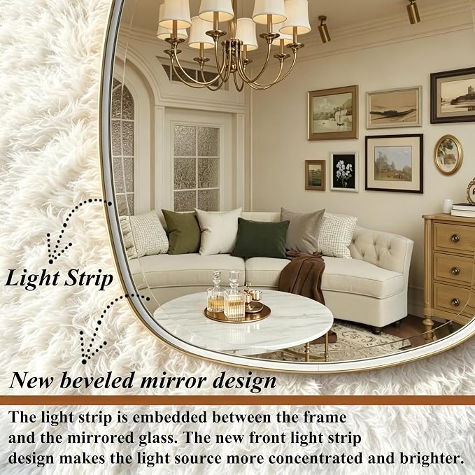 POZINO 40"x24" Scalloped LED Bathroom Mirror with Lights, Black Metal Frame | Beveled Edge, 3 Color Dimmable, Anti-Fog, Memory Function, IP65 Waterproof, Smart Bathroom Vanity Mirror with Front Lights