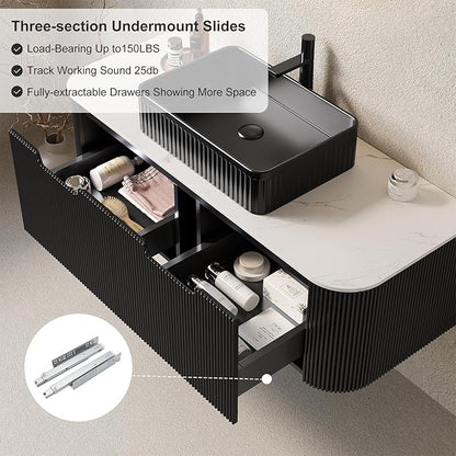 48 Inch Floating Bathroom Vanity with Sink, Modern Bathroom Vanities with Rectangular Ceramic Basin and Marble Top, 2 Large Soft-Closing Storage Drawers, Pre-Assembled Cabinet, Gloss Black
