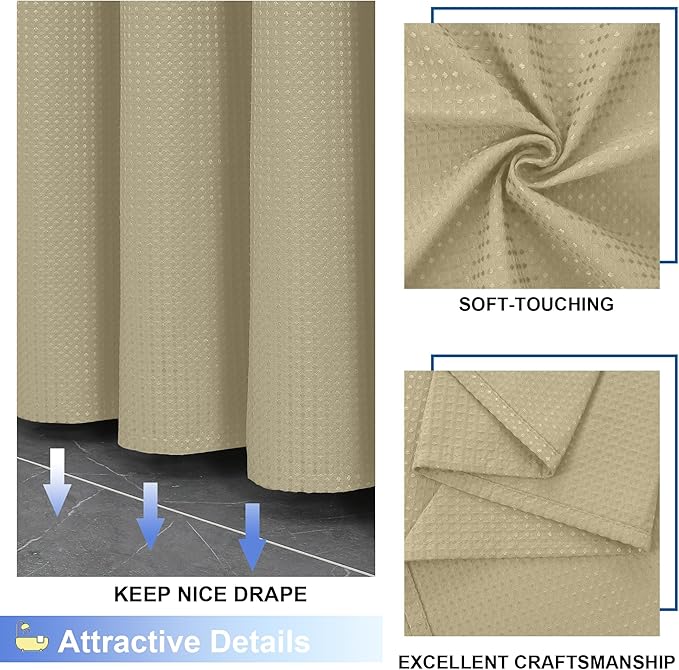 OVZME Extra Long Shower Curtain Set - 84 Inch Long Waffle Weave Heavy Duty Cloth Shower Curtain for Bathroom, Luxury Weighted 230GSM Bath Curtain Set with 12 Plastic Hooks, 72Wx84L, Taupe