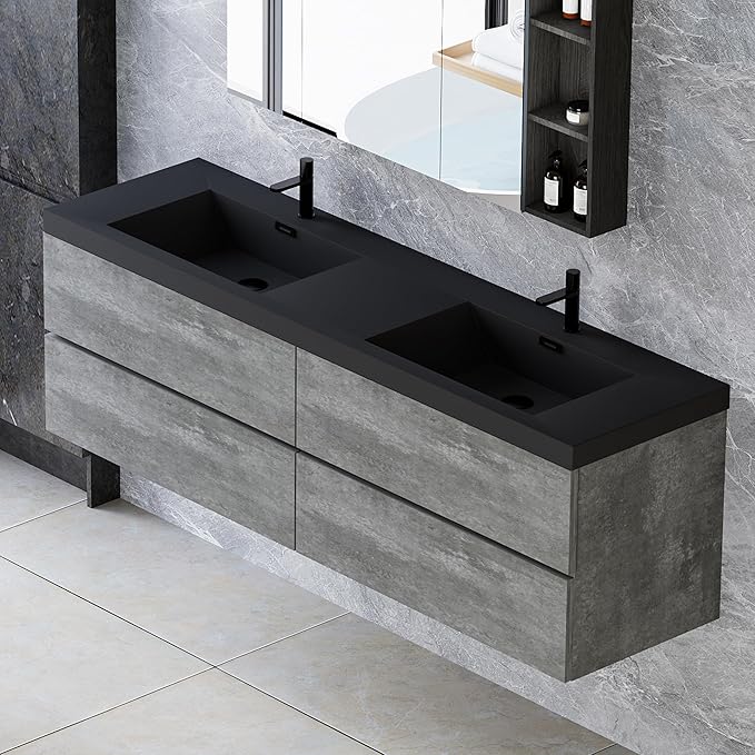 Floating Vanity Bathroom, 72 Inch Bathroom Vanity with Sink, Wall Mounted Double Sink Bathroom Vanity, Soft Closed 2 Drawers, Integrated Sink (Dark Birch)