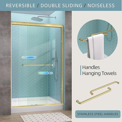 GETPRO Sliding Shower Door 44-48 in. W x 72 in. H Semi-Frameless Bypasss Double Sliding Glass Shower Doors,1/4 inch Clear Tempered Glass Door for Walk-in Shower Brushed Gold