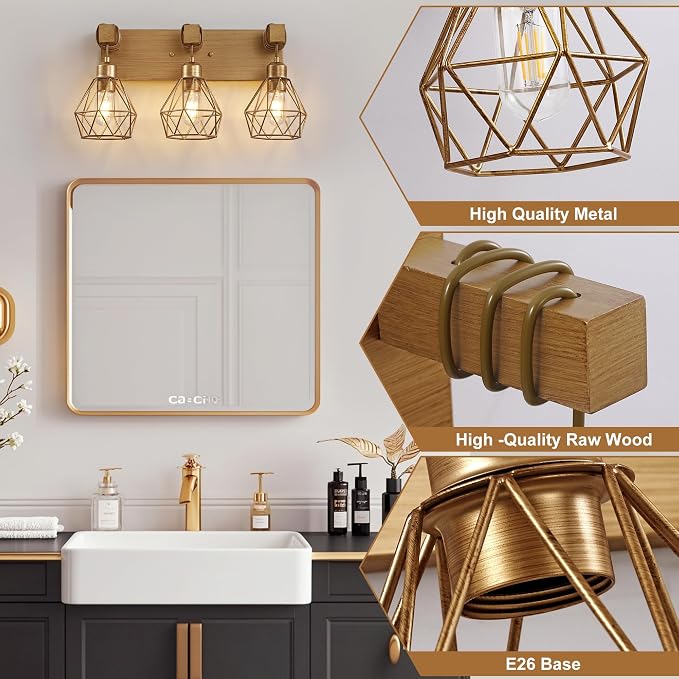 maesta 3 Light Bathroom Vanity Light, Farmhouse Gold Fixture Over Mirror | Farmhouse Bathroom Light Fixtures, Wood & Metal, Anti-Rust, Easy to Install for Rustic Bathroom Hallway