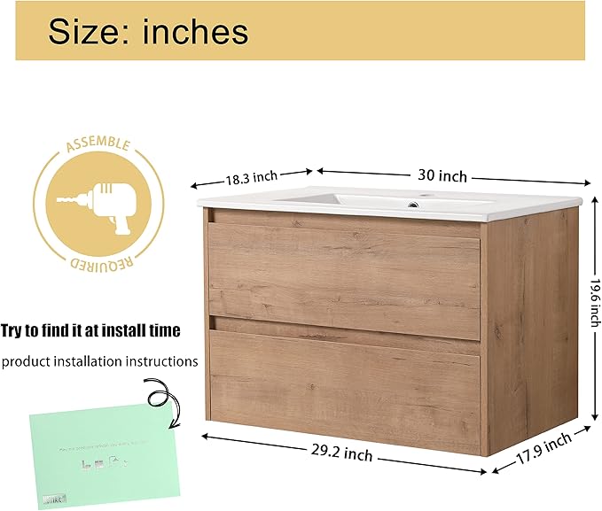 Malwee 30" Floating Bathroom Vanity with Sink, 30 Inch Single Sink Wall Mounted Bathroom Vanity Combo, with 2 Drawers and White Ceramic Basin Top, Bath Wall-Hung Cabinet Set with Storage MA05130IMO