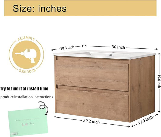 Malwee 30" Floating Bathroom Vanity with Sink, 30 Inch Single Sink Wall Mounted Bathroom Vanity Combo, with 2 Drawers and White Ceramic Basin Top, Bath Wall-Hung Cabinet Set with Storage MA05130IMO