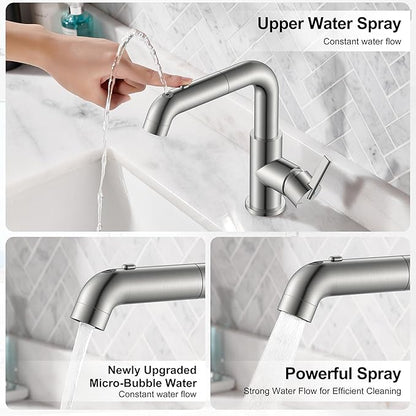 KENES Single Hole Bathroom Faucet with Pull Out Sprayer, Brushed Nickel Single Handle Pull Down Bathroom Faucets, Vanity Faucet with Pop Up Drain & Deck Plate, LJ-9055A
