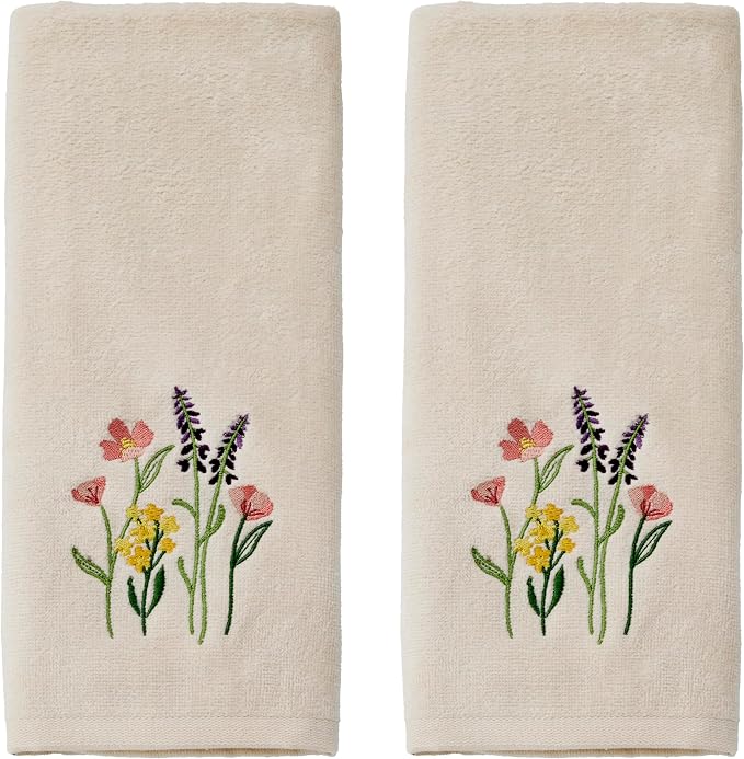 SKL Home Meadow Bouquet Hand Towel Set-2pc, Embroidered, Natural | 100% Cotton. Soft, decorative velour. For use in the bathroom, kitchen or bar & makes a great gift.
