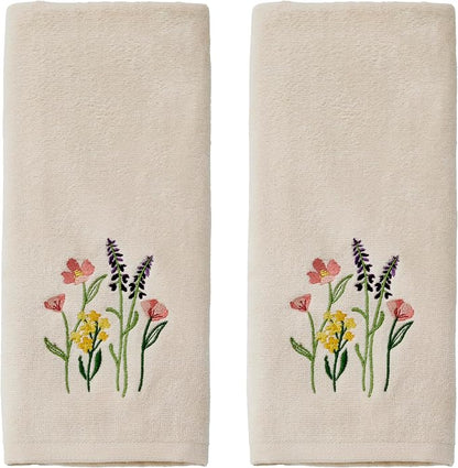 SKL Home Meadow Bouquet Hand Towel Set-2pc, Embroidered, Natural | 100% Cotton. Soft, decorative velour. For use in the bathroom, kitchen or bar & makes a great gift.