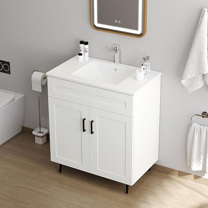 30 Inch Bathroom Vanity with Sink, Modern Wooden Freestanding Bathroom Storage Cabinet with 2 Doors and 1 Drawer, Metal Legs, Painted Surface, White