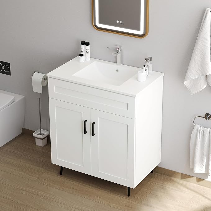 30 Inch Bathroom Vanity, Freestanding Wooden Bathroom Vanity with 2 Doors and Metal Legs, Bathroom Cabinet Vanity Without Ceramic Sink (White Without Sink, 30")