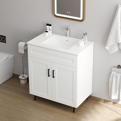 30 Inch Bathroom Vanity, Freestanding Wooden Bathroom Vanity with 2 Doors and Metal Legs, Bathroom Cabinet Vanity Without Ceramic Sink (White Without Sink, 30")