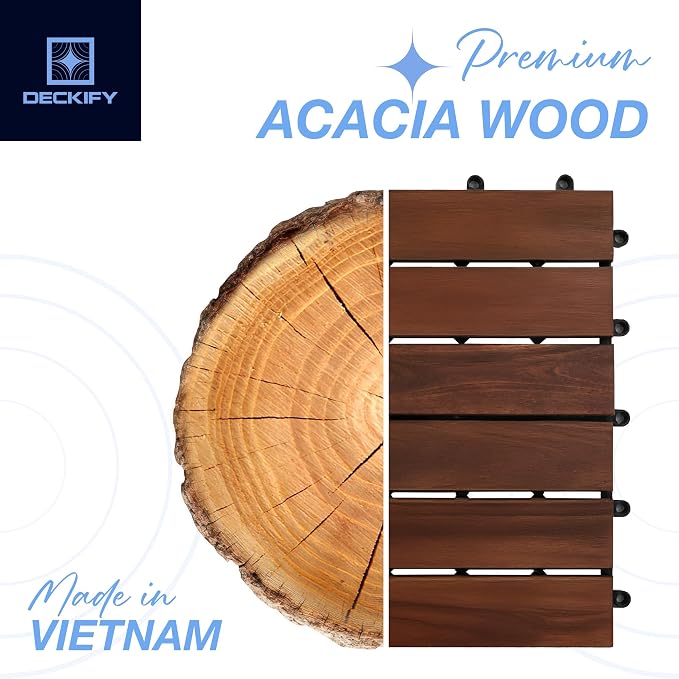 9-Piece Acacia Wood Interlocking Deck Tiles, Dark Brown Striped | 6-Slat Wide Contact, Naturally Water-Resistant, Non-Slip Grip, 490 lb Capacity, Oil-Rubbed Finish, Tool-Free, Renter-Friendly