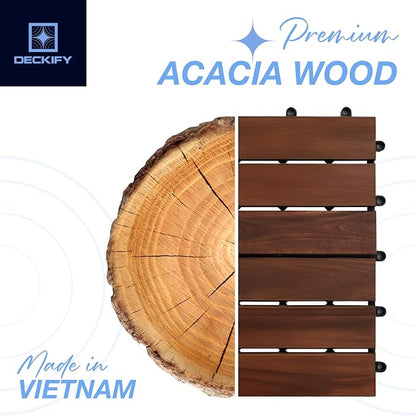 9-Piece Acacia Wood Interlocking Deck Tiles, Dark Brown Striped | 6-Slat Wide Contact, Naturally Water-Resistant, Non-Slip Grip, 490 lb Capacity, Oil-Rubbed Finish, Tool-Free, Renter-Friendly