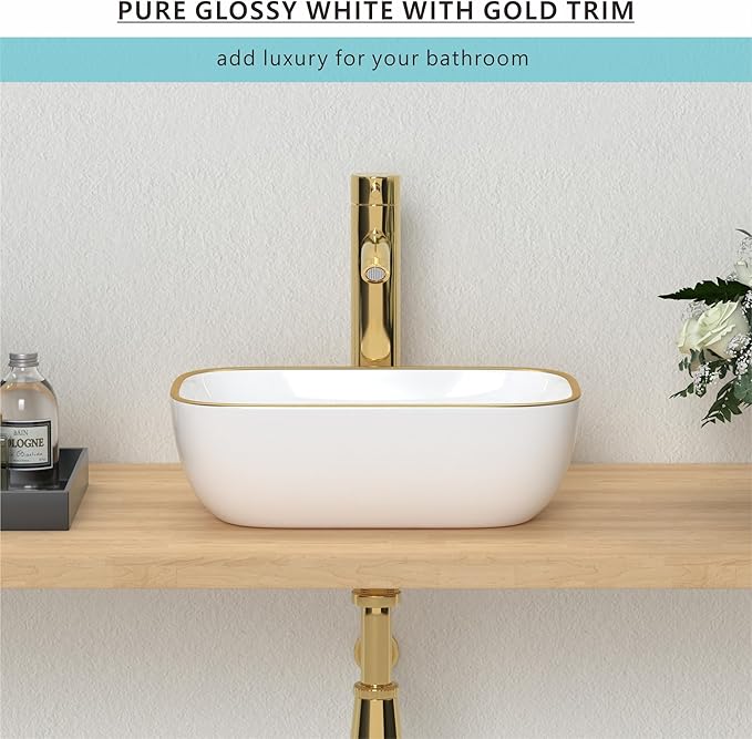 J-FAMILY 14.5'' x 10'' Bathroom Small Vessel Sink Above Counter White Porcelain Ceramic Sink Bowl GoldTrim Decoration Small Vanity Sink Lavatory Wash Basin
