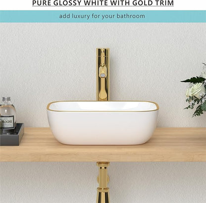 J-FAMILY 14.5'' x 10'' Bathroom Small Vessel Sink Above Counter White Porcelain Ceramic Sink Bowl GoldTrim Decoration Small Vanity Sink Lavatory Wash Basin