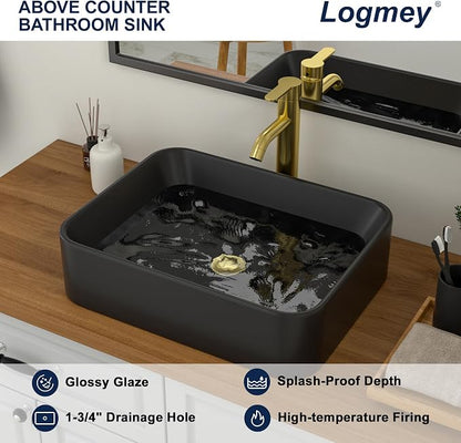 Logmey 19x15 Inch Black Vessel Sink | For RV Bathroom Rectangle Porcelain Ceramic Modern Countertop Above Counter Bathroom Large Vanity Art Basin