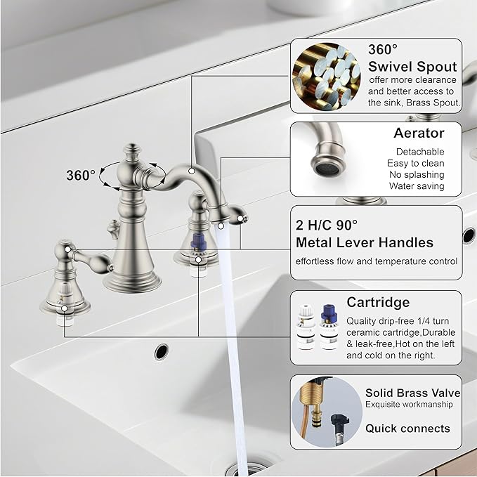 8 Inch Two-Handle Widespread Bathroom Faucet with Pop up Drain, Brushed Nickel Bathroom Sink Faucet 3 Hole,High Arc Swivel Spout Lavatory Faucet,2 Pack,WF-8801-BN