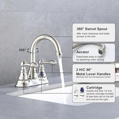 Two Handles Brushed Nickel Bathroom Faucet 3 Hole Sink Faucet with Overflow Pop up Drain, 360° Swivel Spout 4 Inch Centerset Lavatory Faucet Without Water Supply Lines,F-4501-BN