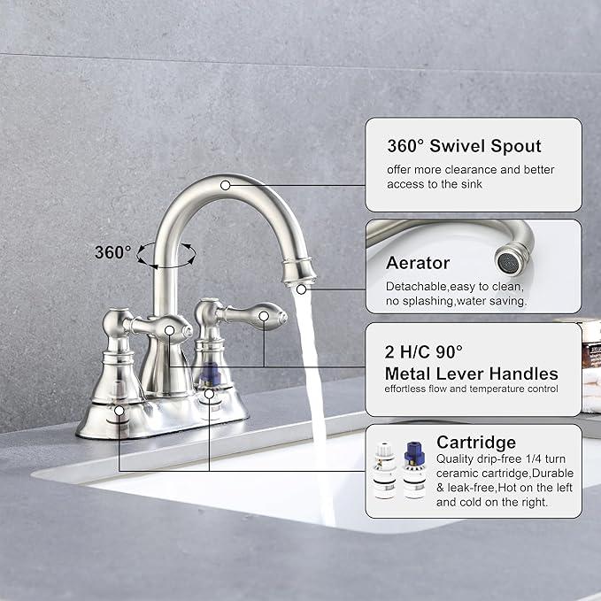 2 Handle Brushed Nickel Bathroom Sink Faucet 3 Hole Faucet with Overflow Pop up Drain,360° Swivel Spout 4 Inch Centerset Bathroom Faucet Without Supply Hoses,Meets cUPC NSF 61-9 AB1953,2 Pack