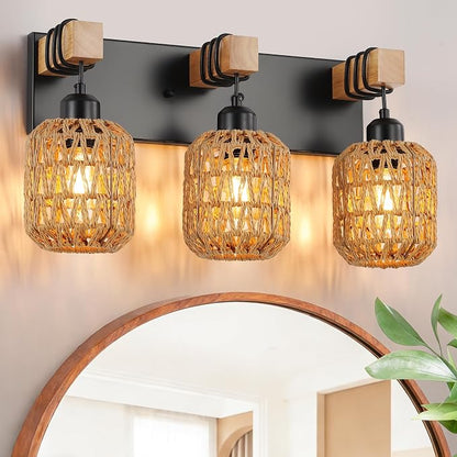 LmnLvn 3-Light Bathroom Vanity Light, Boho Farmhouse Rattan Handwoven Shade | Wood & Metal Frame, Rattan Vanity Light Design, Mounted Over Mirror, Easy To Install for Restroom, Bedroom & Hallway